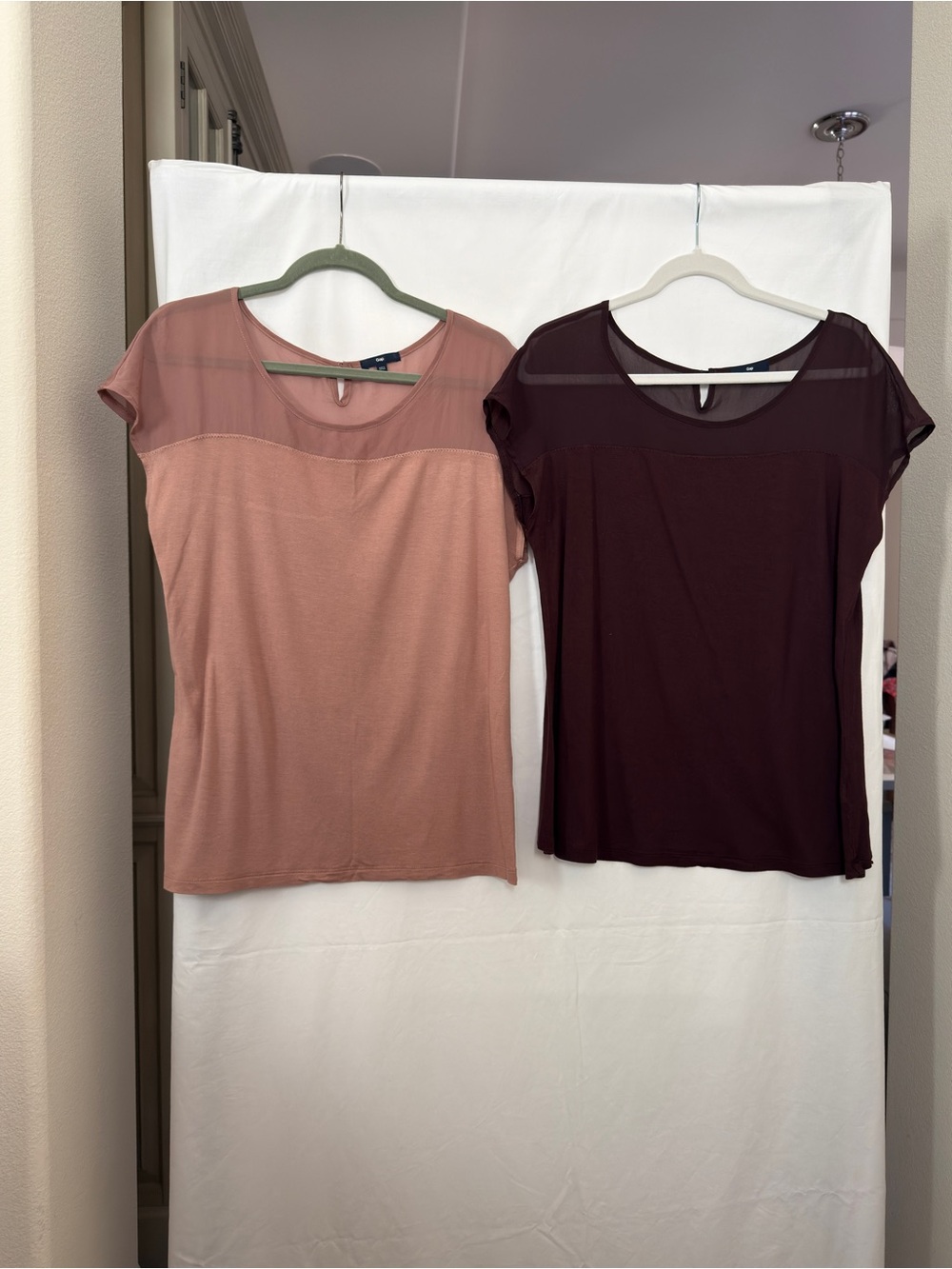 Two GAP Short Sleeve Sheer Yoke Top - Dusty Rose & Burgundy L